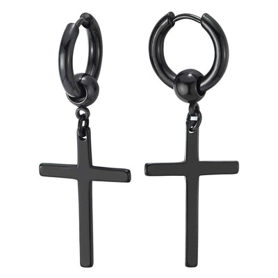 Black Circle Ball Huggie Hinged Hoop Earrings with Dangling Flat Cross, Mens Womens Stainless Steel - COOLSTEELANDBEYOND Jewelry