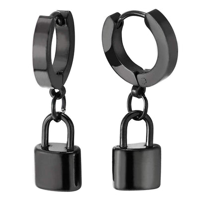 Black Dangling Lock Huggie Hinged Hoop Earrings for Men Women, Stainless Steel, 2pcs - COOLSTEELANDBEYOND Jewelry