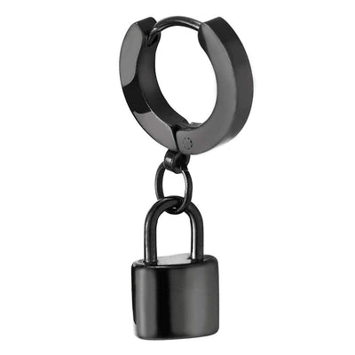 Black Dangling Lock Huggie Hinged Hoop Earrings for Men Women, Stainless Steel, 2pcs - COOLSTEELANDBEYOND Jewelry