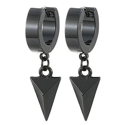 Black Dangling Triangle Pyramid Huggie Hinged Earrings for Men Women, Stainless Steel, 2pcs - coolsteelandbeyond