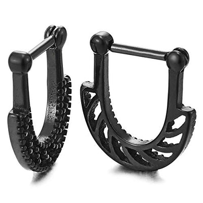 Black Dotted Horseshoe U-shape Huggie Hinged Hoop Earrings for Men Women, Stainless Steel, 2pcs - coolsteelandbeyond