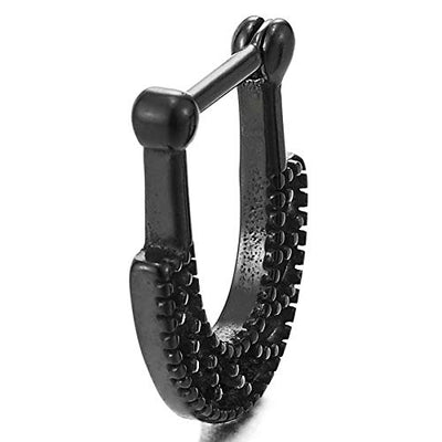 Black Dotted Horseshoe U-shape Huggie Hinged Hoop Earrings for Men Women, Stainless Steel, 2pcs - coolsteelandbeyond
