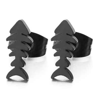 Black Fish Bone Stud Earrings for Men Women, Stainless Steel, 2 pcs - COOLSTEELANDBEYOND Jewelry