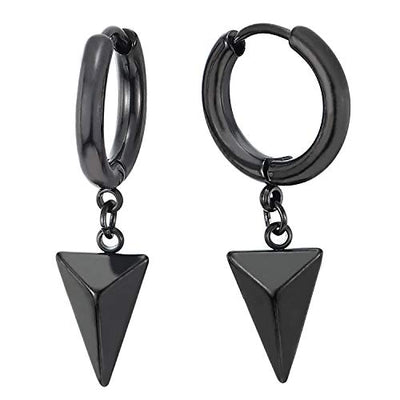 Black Huggie Hinged Earrings with Dangling Triangle Pyramid, Mens Womens, Stainless Steel, 2pcs - coolsteelandbeyond