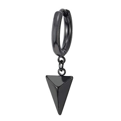 Black Huggie Hinged Earrings with Dangling Triangle Pyramid, Mens Womens, Stainless Steel, 2pcs - coolsteelandbeyond