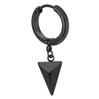 Black Huggie Hinged Earrings with Dangling Triangle Pyramid, Mens Womens, Stainless Steel, 2pcs - coolsteelandbeyond