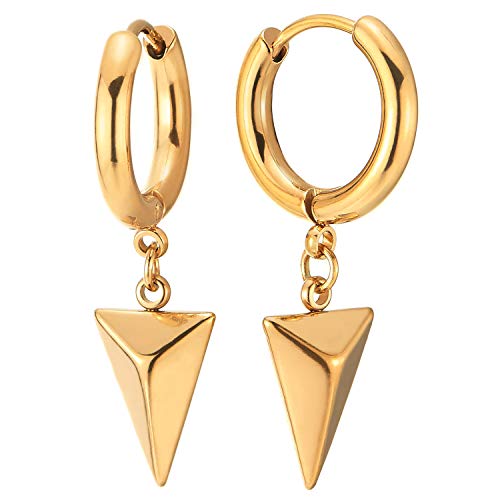Black Huggie Hinged Earrings with Dangling Triangle Pyramid, Mens Womens, Stainless Steel, 2pcs - coolsteelandbeyond