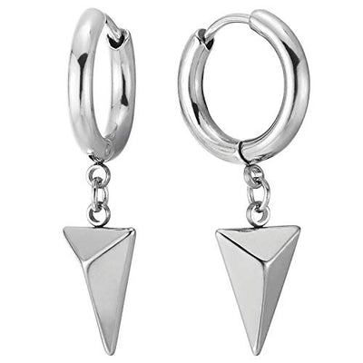 Black Huggie Hinged Earrings with Dangling Triangle Pyramid, Mens Womens, Stainless Steel, 2pcs - coolsteelandbeyond