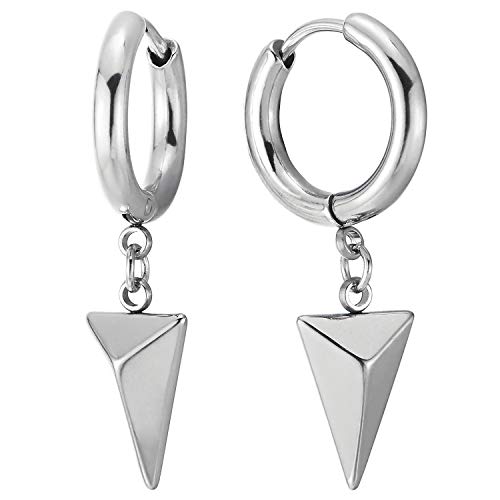 Black Huggie Hinged Earrings with Dangling Triangle Pyramid, Mens Womens, Stainless Steel, 2pcs - coolsteelandbeyond