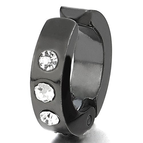 Black Huggie Hinged Hoop Earrings with Cubic Zirconia, Steel Non-Piercing Clip On Earring Men Women - coolsteelandbeyond