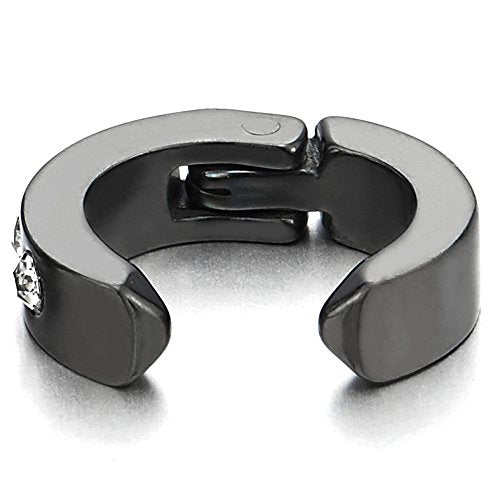 Black Huggie Hinged Hoop Earrings with Cubic Zirconia, Steel Non-Piercing Clip On Earring Men Women - coolsteelandbeyond