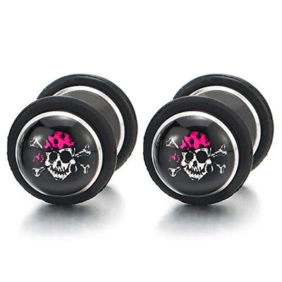 Black Pirate Skull Circle Stud Earrings Women Men, Steel Cheater Fake Ear Plugs Gauges - coolsteelandbeyond