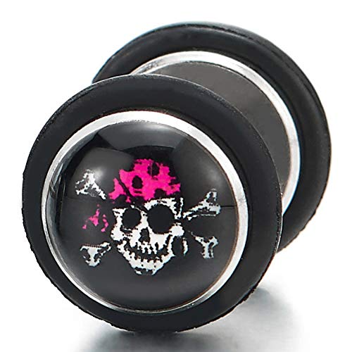 Black Pirate Skull Circle Stud Earrings Women Men, Steel Cheater Fake Ear Plugs Gauges - coolsteelandbeyond