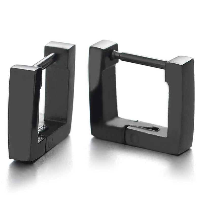 Black Plain Flat Open Square Huggie Hinged Hoop Earrings for Men Women, Stainless Steel, 2pcs - COOLSTEELANDBEYOND Jewelry