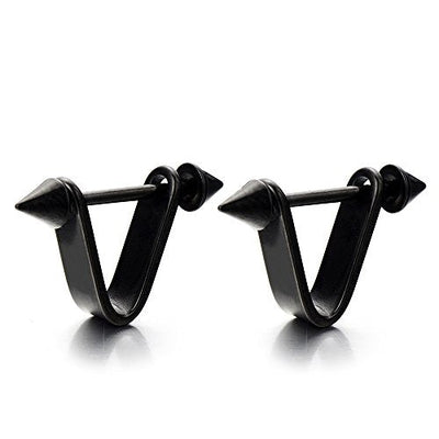 Black Spike Triangle Huggie Hinged Hoop Earrings for Men Women, Stainless Steel, 2pcs - coolsteelandbeyond
