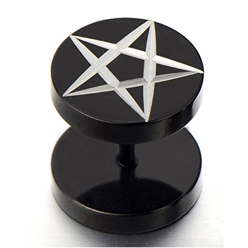 Black Stainless Steel Mens Pentagram Stud Earrings, Cheater Fake Ear Plugs Gauges Illusion Tunnel 2 Pcs - coolsteelandbeyond