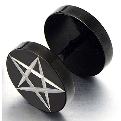 Black Stainless Steel Mens Pentagram Stud Earrings, Cheater Fake Ear Plugs Gauges Illusion Tunnel 2 Pcs - coolsteelandbeyond