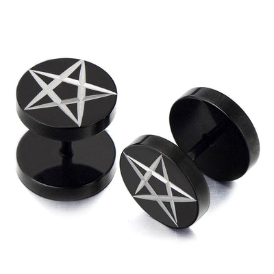 Black Stainless Steel Mens Pentagram Stud Earrings, Cheater Fake Ear Plugs Gauges Illusion Tunnel 2 Pcs - coolsteelandbeyond