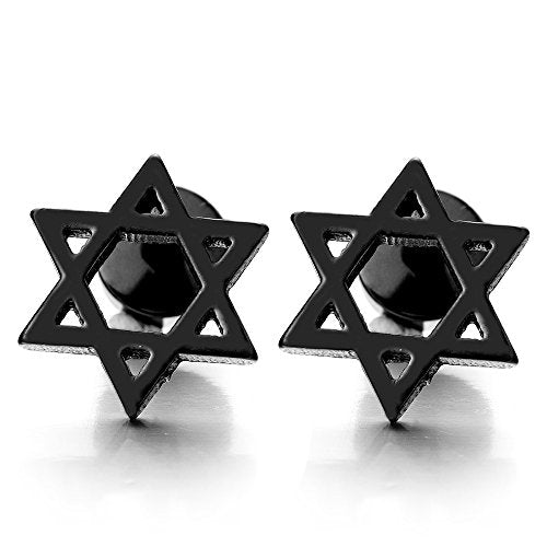 Black Star of David Mens Womens Stud Earrings Stainless Steel, Screw Back, 2 Pcs - COOLSTEELANDBEYOND Jewelry