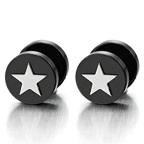 Black Steel Mens Women Pentagram Star Stud Earrings, Cheater Fake Ear Plugs Gauges, 2 pcs - coolsteelandbeyond