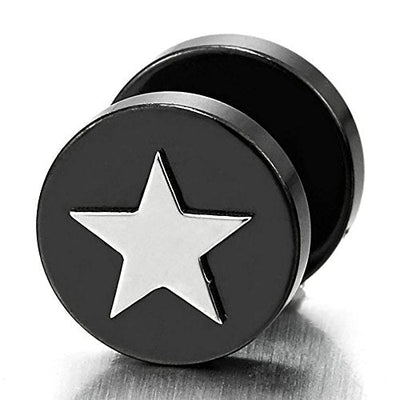 Black Steel Mens Women Pentagram Star Stud Earrings, Cheater Fake Ear Plugs Gauges, 2 pcs - coolsteelandbeyond