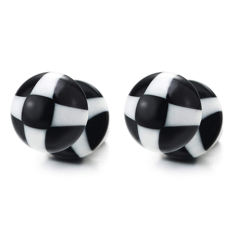 Black White Checker Pattern Dome Half Ball Stud Earring Women Men Steel Cheater Fake Ear Plug Gauges - coolsteelandbeyond