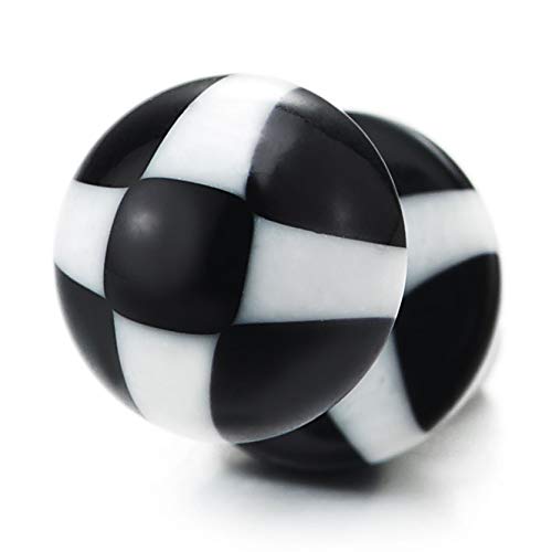 Black White Checker Pattern Dome Half Ball Stud Earring Women Men Steel Cheater Fake Ear Plug Gauges - coolsteelandbeyond