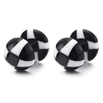 Black White Checker Pattern Dome Half Ball Stud Earring Women Men Steel Cheater Fake Ear Plug Gauges - coolsteelandbeyond