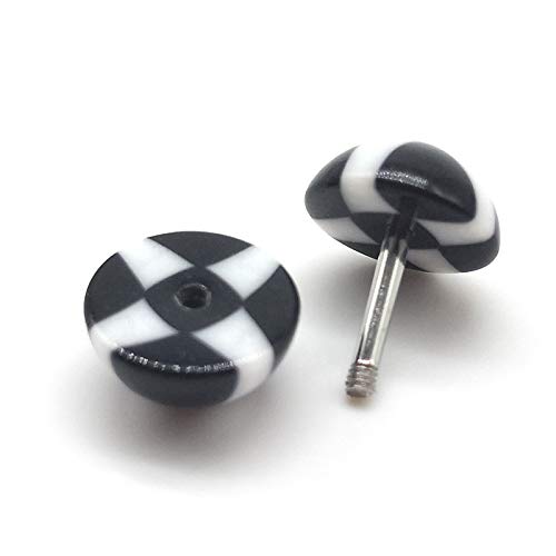 Black White Checker Pattern Dome Half Ball Stud Earring Women Men Steel Cheater Fake Ear Plug Gauges - coolsteelandbeyond