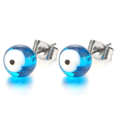 Blue Evil Eye Bead Stud Earrings for Women and Men, Stainless Steel, Prayer Mala, 2pcs - COOLSTEELANDBEYOND Jewelry