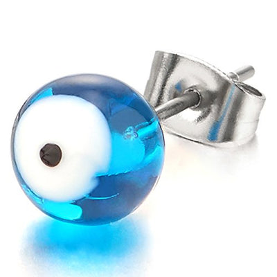 Blue Evil Eye Bead Stud Earrings for Women and Men, Stainless Steel, Prayer Mala, 2pcs - COOLSTEELANDBEYOND Jewelry