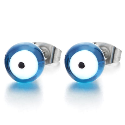Blue Evil Eye Bead Stud Earrings for Women and Men, Stainless Steel, Prayer Mala, 2pcs - COOLSTEELANDBEYOND Jewelry