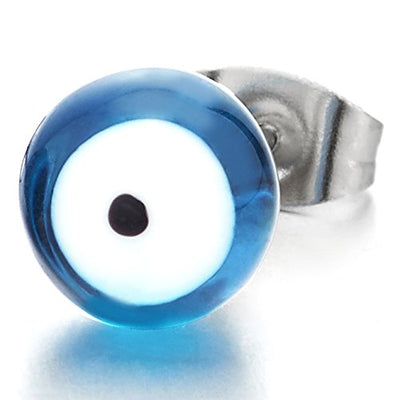 Blue Evil Eye Bead Stud Earrings for Women and Men, Stainless Steel, Prayer Mala, 2pcs - COOLSTEELANDBEYOND Jewelry