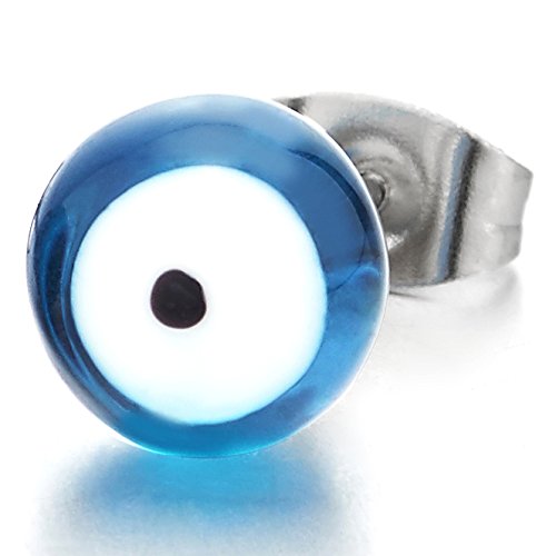 Blue Evil Eye Bead Stud Earrings for Women and Men, Stainless Steel, Prayer Mala, 2pcs - COOLSTEELANDBEYOND Jewelry