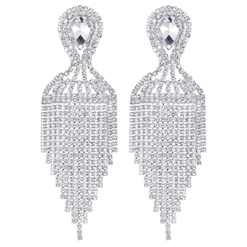 Bridal Banquet Teardrop Crystal Rhinestone Cluster Chandelier Waterfall Tassel Large Dangle Earrings - COOLSTEELANDBEYOND Jewelry