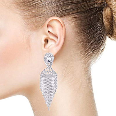 Bridal Banquet Teardrop Crystal Rhinestone Cluster Chandelier Waterfall Tassel Large Dangle Earrings - COOLSTEELANDBEYOND Jewelry