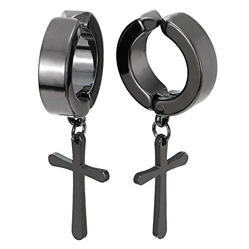 Pair Steel Ear Clip Non-piercing Clip on Earrings with Dangling Cross for Men and Women - coolsteelandbeyond