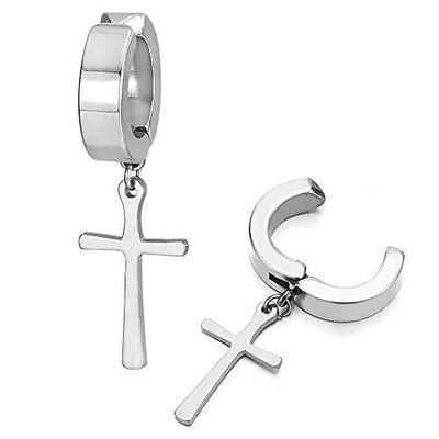 Pair Steel Ear Clip Non-piercing Clip on Earrings with Dangling Cross for Men and Women - coolsteelandbeyond