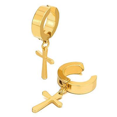 Pair Steel Ear Clip Non-piercing Clip on Earrings with Dangling Cross for Men and Women - coolsteelandbeyond