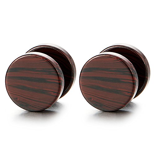 COOLSTEELANDBEYOND Brown Marble Pattern Circle Screw Stud Earrings Men Women, Cheater Fake Ear Plugs Gauges Tunnel - coolsteelandbeyond