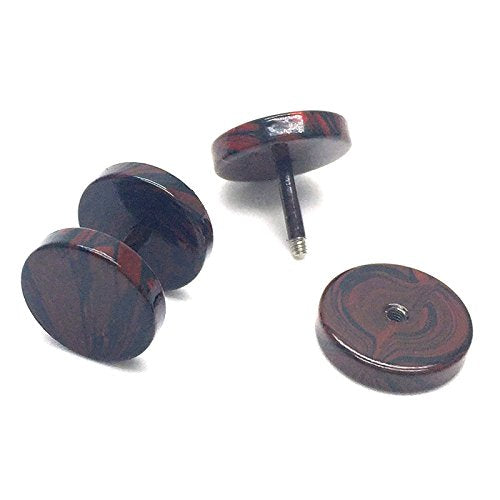 COOLSTEELANDBEYOND Brown Marble Pattern Circle Screw Stud Earrings Men Women, Cheater Fake Ear Plugs Gauges Tunnel - coolsteelandbeyond