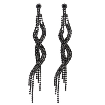 COOLSTEELANDBEYOND Elegant Black Rhinestone Cluster Long Dangle Tassel Earrings, Party Dress Event Pageant Banquet - COOLSTEELANDBEYOND Jewelry