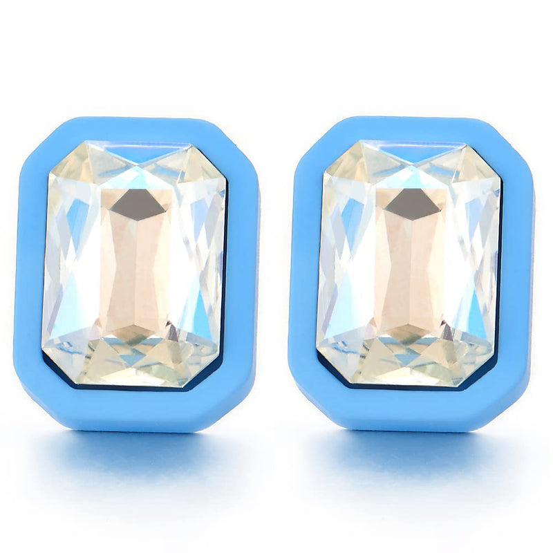 Dazzling Blue Rectangle Statement Stud Earrings with Crystals Wedding Bridal Party - COOLSTEELANDBEYOND Jewelry