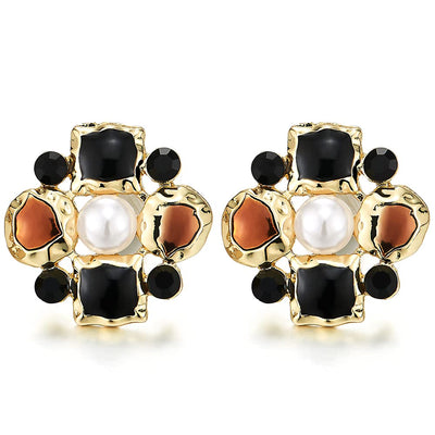 Exquisite Gold Color Flower Statement Stud Earrings with Black Rhinestones and White Pearls Party - COOLSTEELANDBEYOND Jewelry