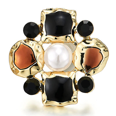 Exquisite Gold Color Flower Statement Stud Earrings with Black Rhinestones and White Pearls Party - COOLSTEELANDBEYOND Jewelry