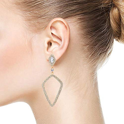 Fashion Rhinestones Crystal Rhombus Long Dangle Drop Statement Gold Earrings, Wedding Bridal Party - COOLSTEELANDBEYOND Jewelry