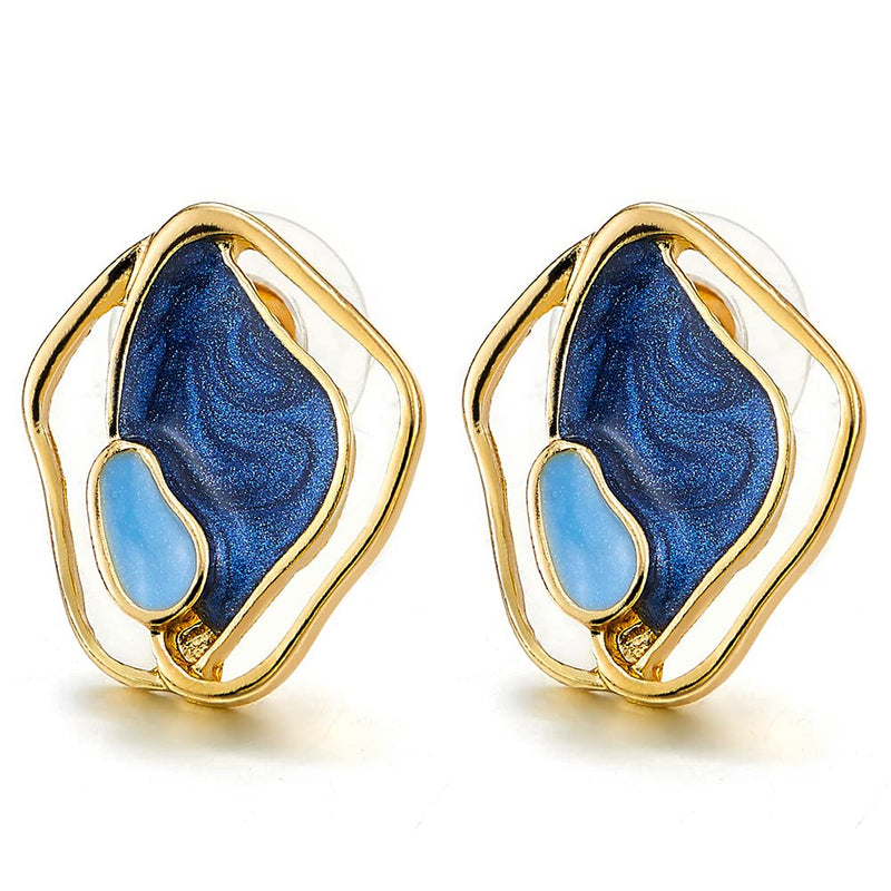 Fashion Style Gold Color Irregular Geometric Statement Stud Earrings with Blue Enamel - COOLSTEELANDBEYOND Jewelry