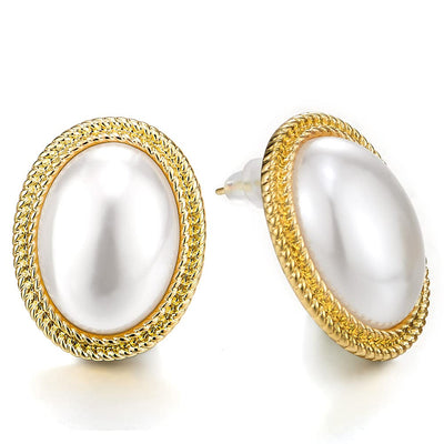Glamorous Gold Color Oval Twisted Rope Statement Stud Earrings with Pearl Banquet Party - COOLSTEELANDBEYOND Jewelry