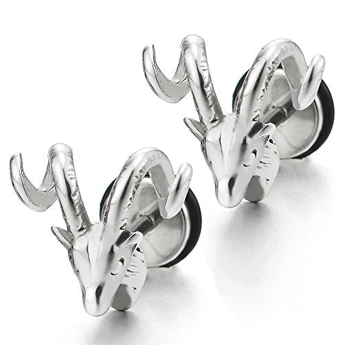 Mens Womens Goat Horn Stud Earrings in Stainless Steel, Screw Back, 2 pcs - coolsteelandbeyond