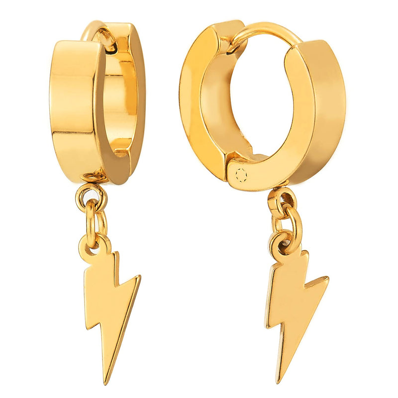 Gold Color Dangling Lightning Huggie Hinged Earrings for Men Women, Stainless Steel, 2pcs - COOLSTEELANDBEYOND Jewelry